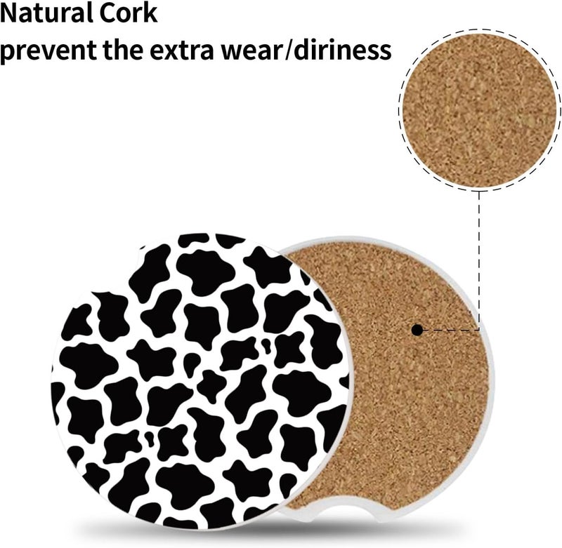 Adastrah Cute Cow Print Animal Themed Black and White Ceramic Cup Holders Car Coasters Set for Women/Men,Drink Cup Car Holder Coasters with A Finger Notch 2.56" Pack of 2 - Image 3